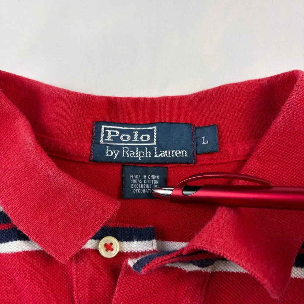 Polo Ralph Lauren Striped Polo Shirt Mens Large Red Navy White Pique Cotton L
